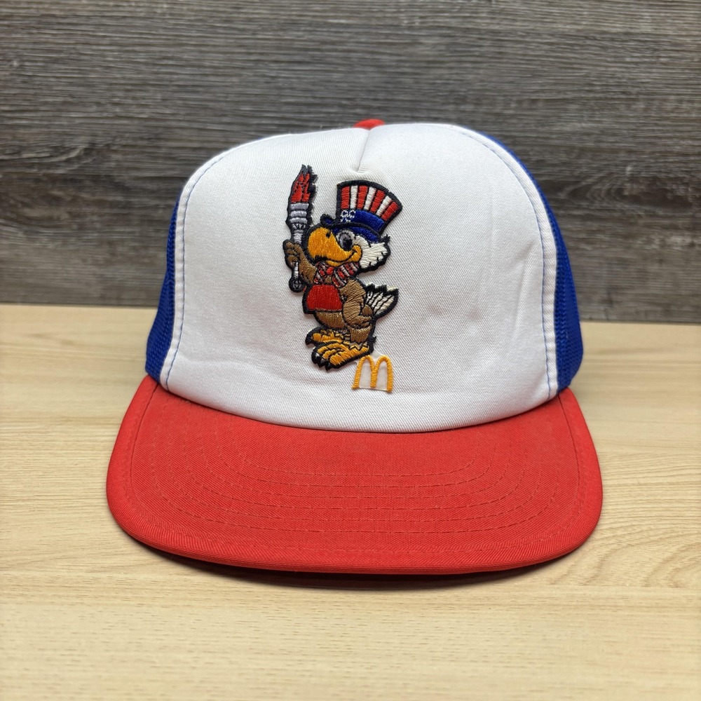 Vintage McDonalds Olympic Eagle Hat Cap Snap Back Red White Blue Trucker 80s